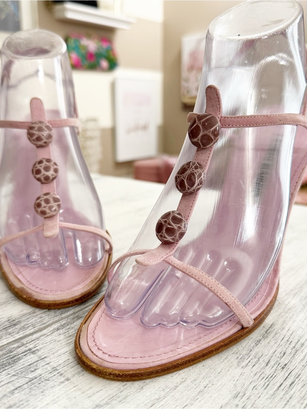 Manolo Blahnik Pink Suede T-Strap Sandals with Textured Button Accents size 38